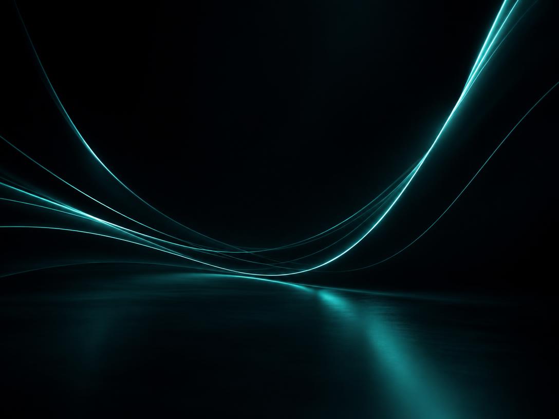 Linhas de luz em tom turquesa atravessando um ambiente escuro